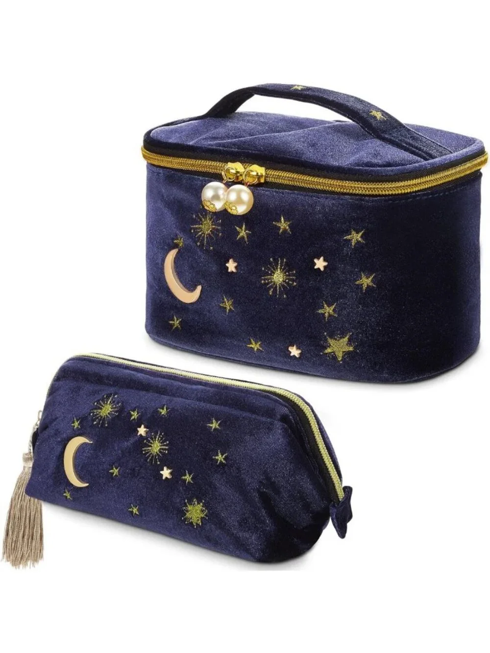 2 Pcs Velvet Cosmetic Bags - Moon & Stars Embroidered Travel Pouches for Women